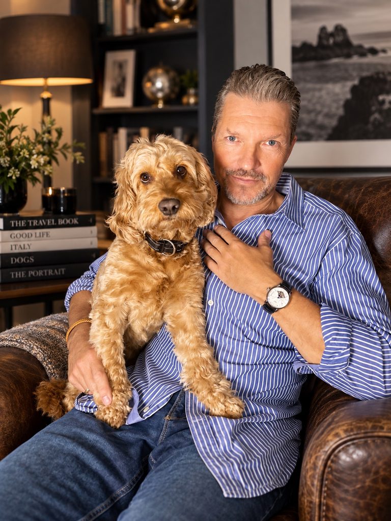 Hardy Krüger Jr. mit seinem Hund Timba in seinem Zuhause